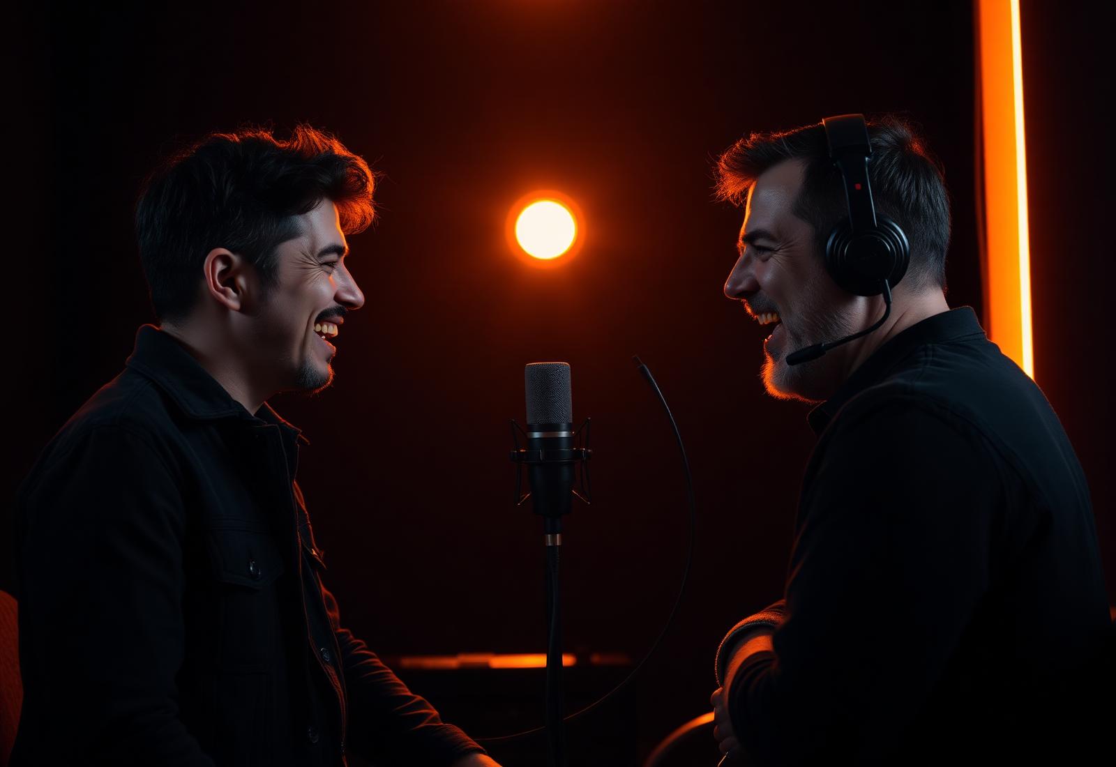 Two hosts laughing around a studio microphone